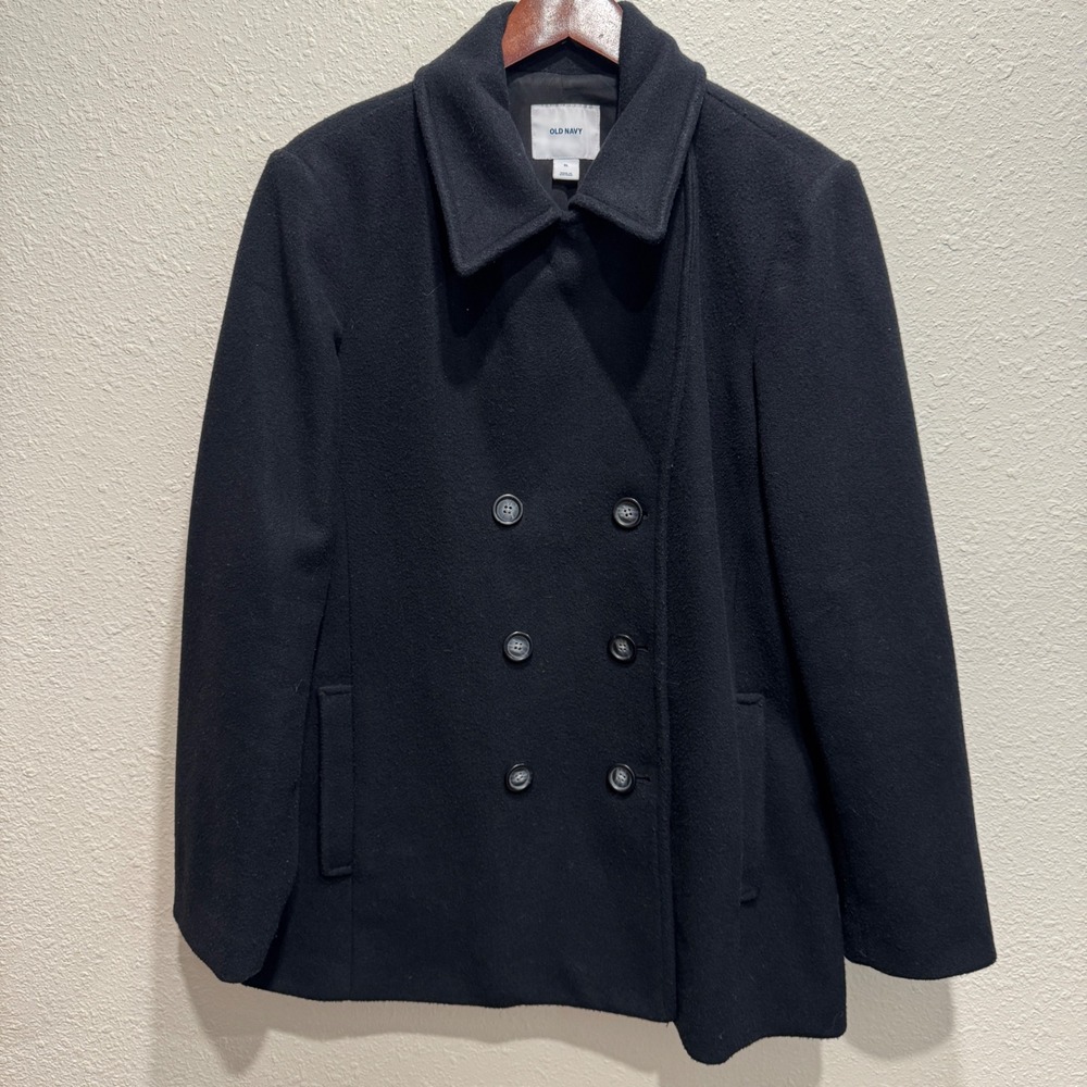 Old Navy Womens Black Wool Blend Double Breasted Pea Coat Jacket XL RN54023